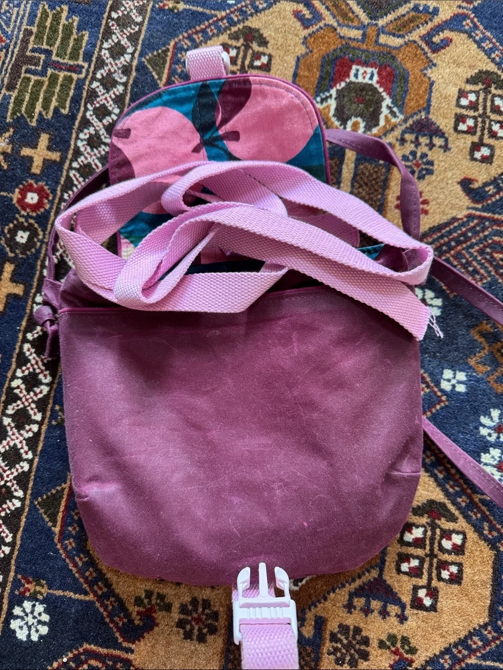 Besu homemade leather Plum Crossbody Bag with Light Pink Strap